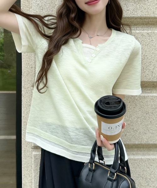 Ada.(エイダ)の「レイヤード風 バイカラー ショート丈 半袖 カットソー(Tシャツ/カットソー・レディース・グリーン/グレー/アイボリー・FREE)」の3枚目の写真