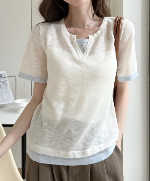 Ada.(エイダ)の「レイヤード風 バイカラー ショート丈 半袖 カットソー(Tシャツ/カットソー・レディース・グリーン/グレー/アイボリー・FREE)」の1枚目の写真