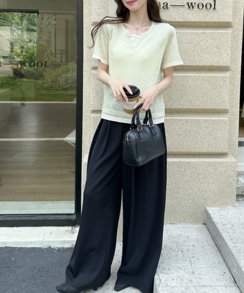 Ada.(エイダ)の「レイヤード風 バイカラー ショート丈 半袖 カットソー(Tシャツ/カットソー・レディース・グリーン/グレー/アイボリー・FREE)」の15枚目の写真