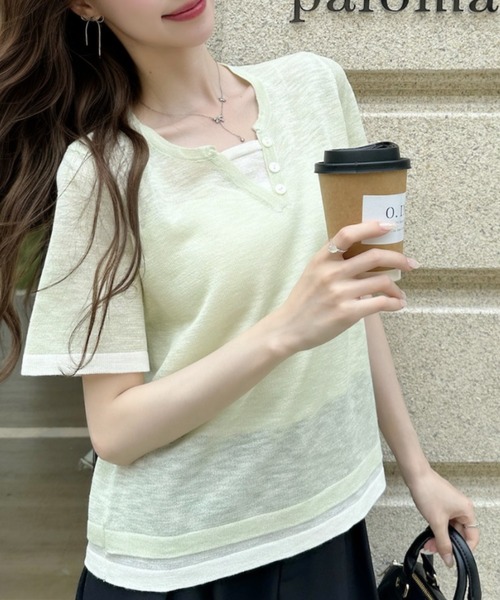 Ada.(エイダ)の「レイヤード風 バイカラー ショート丈 半袖 カットソー(Tシャツ/カットソー・レディース・グリーン/グレー/アイボリー・FREE)」の10枚目の写真