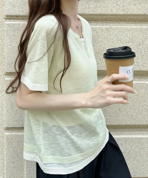 Ada.(エイダ)の「レイヤード風 バイカラー ショート丈 半袖 カットソー(Tシャツ/カットソー・レディース・グリーン/グレー/アイボリー・FREE)」の11枚目の写真