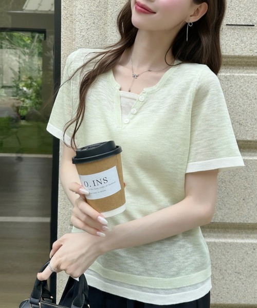Ada.(エイダ)の「レイヤード風 バイカラー ショート丈 半袖 カットソー(Tシャツ/カットソー・レディース・グリーン/グレー/アイボリー・FREE)」の14枚目の写真