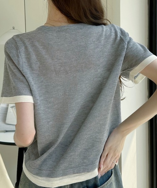Ada.(エイダ)の「レイヤード風 バイカラー ショート丈 半袖 カットソー(Tシャツ/カットソー・レディース・グリーン/グレー/アイボリー・FREE)」の18枚目の写真