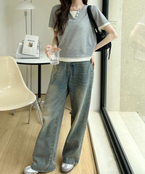 Ada.(エイダ)の「レイヤード風 バイカラー ショート丈 半袖 カットソー(Tシャツ/カットソー・レディース・グリーン/グレー/アイボリー・FREE)」の21枚目の写真