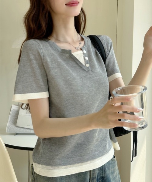 Ada.(エイダ)の「レイヤード風 バイカラー ショート丈 半袖 カットソー(Tシャツ/カットソー・レディース・グリーン/グレー/アイボリー・FREE)」の19枚目の写真
