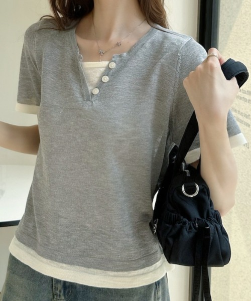 Ada.(エイダ)の「レイヤード風 バイカラー ショート丈 半袖 カットソー(Tシャツ/カットソー・レディース・グリーン/グレー/アイボリー・FREE)」の16枚目の写真