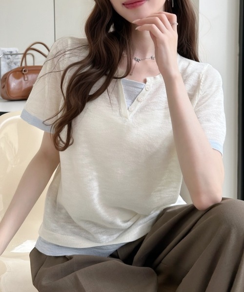 Ada.(エイダ)の「レイヤード風 バイカラー ショート丈 半袖 カットソー(Tシャツ/カットソー・レディース・グリーン/グレー/アイボリー・FREE)」の4枚目の写真