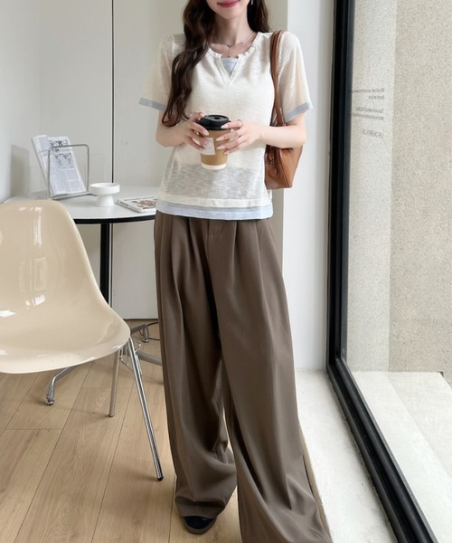 Ada.(エイダ)の「レイヤード風 バイカラー ショート丈 半袖 カットソー(Tシャツ/カットソー・レディース・グリーン/グレー/アイボリー・FREE)」の5枚目の写真