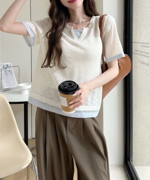 Ada.(エイダ)の「レイヤード風 バイカラー ショート丈 半袖 カットソー(Tシャツ/カットソー・レディース・グリーン/グレー/アイボリー・FREE)」の6枚目の写真