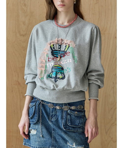 MAXZA（マージャコレクション）の「クラウンアップリケ刺繍マンツーマンTシャツ（スウェット・レディース・グレー/アイボリー・FREE）」の4枚目の写真