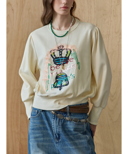 MAXZA（マージャコレクション）の「クラウンアップリケ刺繍マンツーマンTシャツ（スウェット・レディース・グレー/アイボリー・FREE）」の5枚目の写真