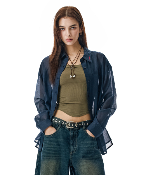 SECONDMONO（セカンドモノローグ）の「Sheer Side Tuck Oversized Fit Shirt [NAVY]_SEWSH009NAVY（シャツ/ブラウス・レディース・その他・F）」の4枚目の写真