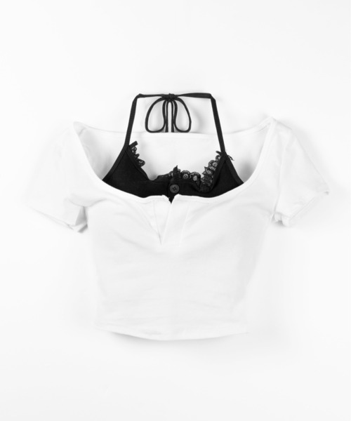 me+em select（ミームセレクト）の「【 ２color 】レースレイヤードドッキングスクエアネックＴシャツ ／ Lace layered docking square neck T-shirt（Tシャツ/カットソー・レディース・ブラック/ホワイト・FREE）」の3枚目の写真