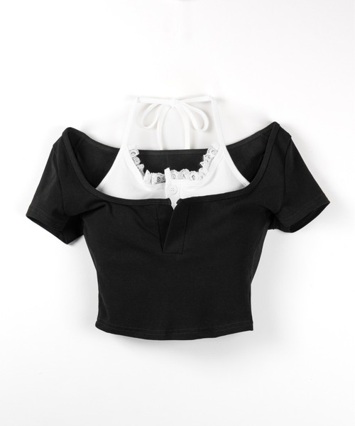 me+em select（ミームセレクト）の「【 ２color 】レースレイヤードドッキングスクエアネックＴシャツ ／ Lace layered docking square neck T-shirt（Tシャツ/カットソー・レディース・ブラック/ホワイト・FREE）」の4枚目の写真