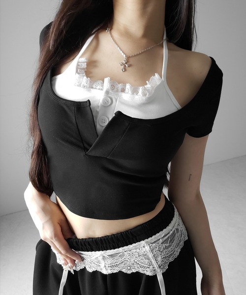me+em select（ミームセレクト）の「【 ２color 】レースレイヤードドッキングスクエアネックＴシャツ ／ Lace layered docking square neck T-shirt（Tシャツ/カットソー・レディース・ブラック/ホワイト・FREE）」の15枚目の写真