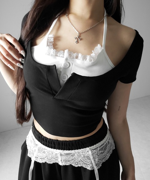 me+em select（ミームセレクト）の「【 ２color 】レースレイヤードドッキングスクエアネックＴシャツ ／ Lace layered docking square neck T-shirt（Tシャツ/カットソー・レディース・ブラック/ホワイト・FREE）」の17枚目の写真