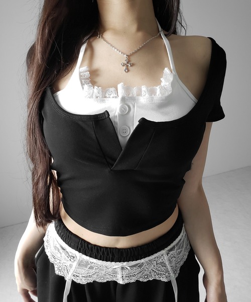 me+em select（ミームセレクト）の「【 ２color 】レースレイヤードドッキングスクエアネックＴシャツ ／ Lace layered docking square neck T-shirt（Tシャツ/カットソー・レディース・ブラック/ホワイト・FREE）」の18枚目の写真