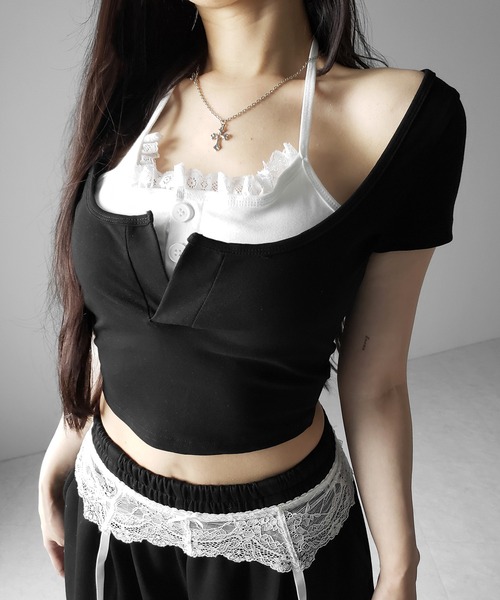 me+em select（ミームセレクト）の「【 ２color 】レースレイヤードドッキングスクエアネックＴシャツ ／ Lace layered docking square neck T-shirt（Tシャツ/カットソー・レディース・ブラック/ホワイト・FREE）」の19枚目の写真