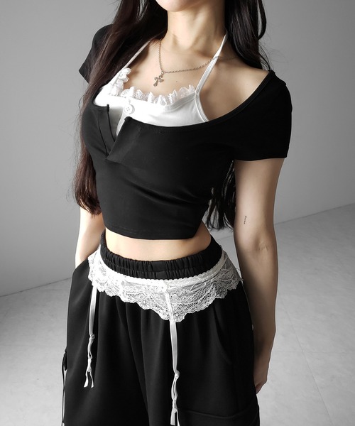 me+em select（ミームセレクト）の「【 ２color 】レースレイヤードドッキングスクエアネックＴシャツ ／ Lace layered docking square neck T-shirt（Tシャツ/カットソー・レディース・ブラック/ホワイト・FREE）」の20枚目の写真