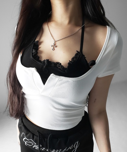me+em select（ミームセレクト）の「【 ２color 】レースレイヤードドッキングスクエアネックＴシャツ ／ Lace layered docking square neck T-shirt（Tシャツ/カットソー・レディース・ブラック/ホワイト・FREE）」の22枚目の写真