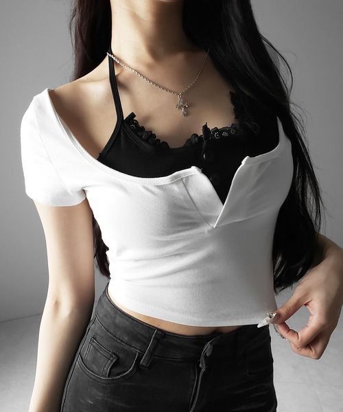 me+em select（ミームセレクト）の「【 ２color 】レースレイヤードドッキングスクエアネックＴシャツ ／ Lace layered docking square neck T-shirt（Tシャツ/カットソー・レディース・ブラック/ホワイト・FREE）」の13枚目の写真