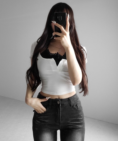 me+em select（ミームセレクト）の「【 ２color 】レースレイヤードドッキングスクエアネックＴシャツ ／ Lace layered docking square neck T-shirt（Tシャツ/カットソー・レディース・ブラック/ホワイト・FREE）」の14枚目の写真