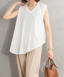 [mizuiro ind/ミズイロインド] Vネック アシンメトリーノースリーブTシャツ