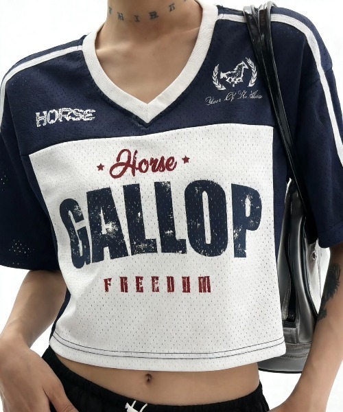 WESTSEA(ウエストシー)の「ヴィンテージライク メッシュゲームシャツ クロップド丈 Vネック ユニフォームTEE 半袖 レディース(Tシャツ/カットソー・レディース・ブルー/ネイビー/ピンク/イエロー・FREE)」の8枚目の写真