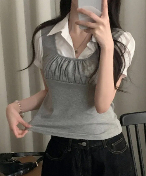VIVID LADY(ビビッドレディー)の「シャツドッキング レイヤード風 半袖トップス(Tシャツ/カットソー・レディース・ブラック/グレー・FREE)」の7枚目の写真