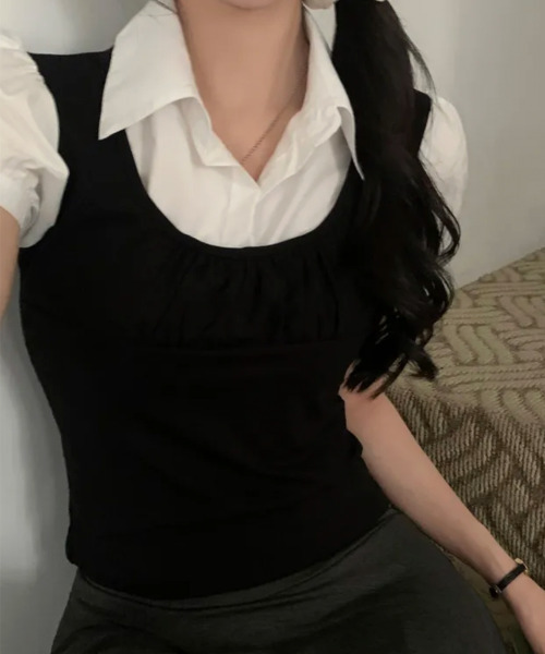 VIVID LADY(ビビッドレディー)の「シャツドッキング レイヤード風 半袖トップス(Tシャツ/カットソー・レディース・ブラック/グレー・FREE)」の17枚目の写真