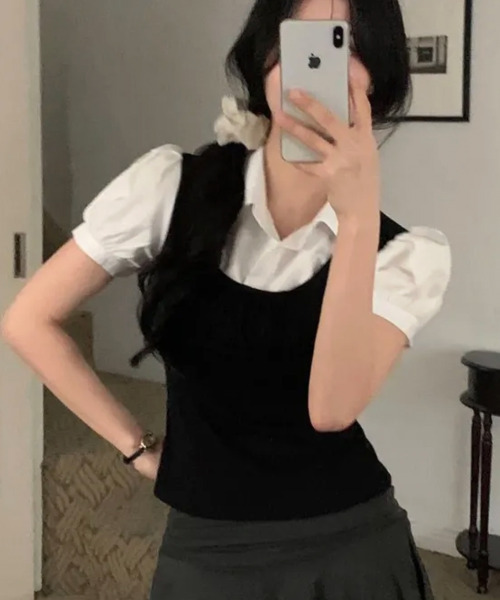 VIVID LADY(ビビッドレディー)の「シャツドッキング レイヤード風 半袖トップス(Tシャツ/カットソー・レディース・ブラック/グレー・FREE)」の15枚目の写真