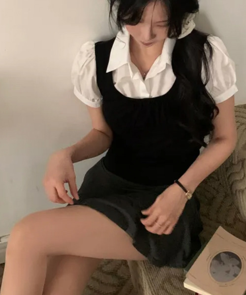 VIVID LADY(ビビッドレディー)の「シャツドッキング レイヤード風 半袖トップス(Tシャツ/カットソー・レディース・ブラック/グレー・FREE)」の14枚目の写真