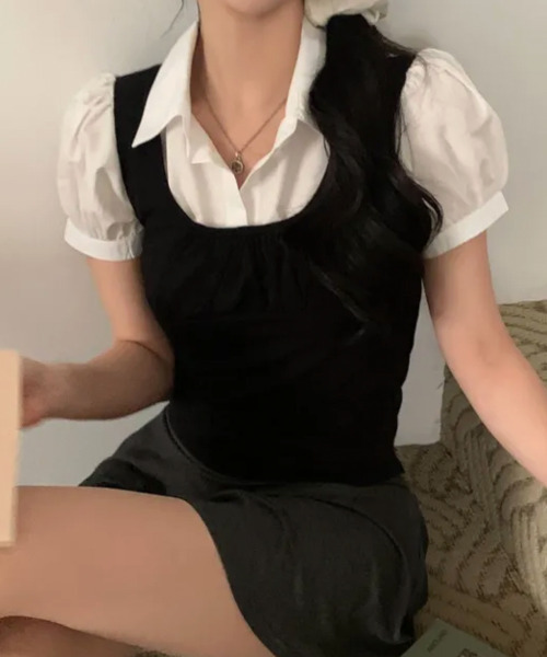 VIVID LADY(ビビッドレディー)の「シャツドッキング レイヤード風 半袖トップス(Tシャツ/カットソー・レディース・ブラック/グレー・FREE)」の16枚目の写真