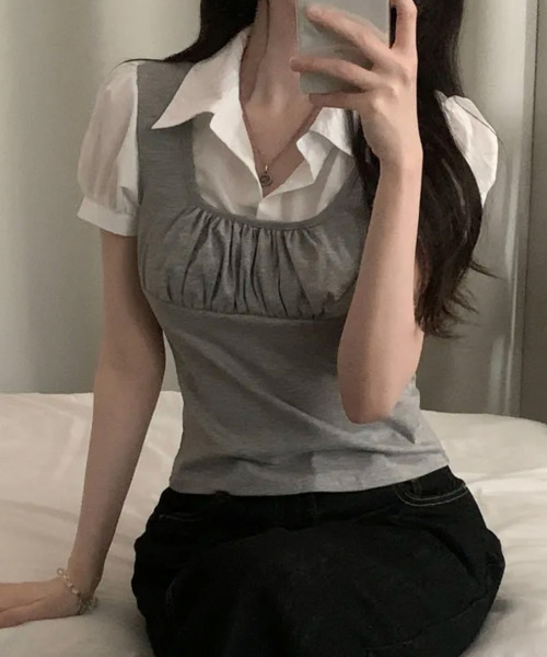 VIVID LADY(ビビッドレディー)の「シャツドッキング レイヤード風 半袖トップス(Tシャツ/カットソー・レディース・ブラック/グレー・FREE)」の8枚目の写真