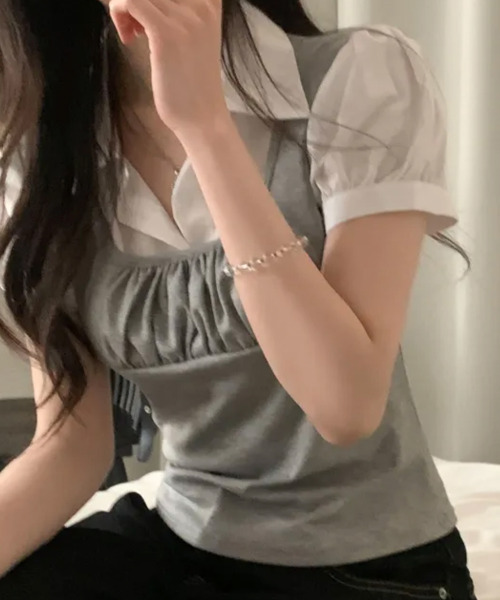 VIVID LADY(ビビッドレディー)の「シャツドッキング レイヤード風 半袖トップス(Tシャツ/カットソー・レディース・ブラック/グレー・FREE)」の10枚目の写真