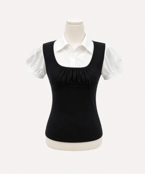 VIVID LADY(ビビッドレディー)の「シャツドッキング レイヤード風 半袖トップス(Tシャツ/カットソー・レディース・ブラック/グレー・FREE)」の3枚目の写真