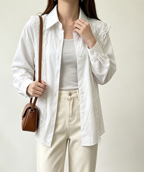 Miniministore(ミニミニストア)の「レースタイシャツレディースゆったりシャツ(シャツ/ブラウス・レディース・ブルー/ホワイト・FREE)」の2枚目の写真