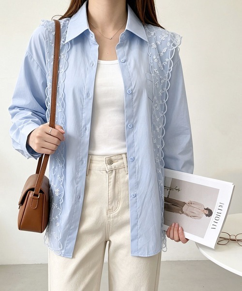Miniministore(ミニミニストア)の「レースタイシャツレディースゆったりシャツ(シャツ/ブラウス・レディース・ブルー/ホワイト・FREE)」の1枚目の写真