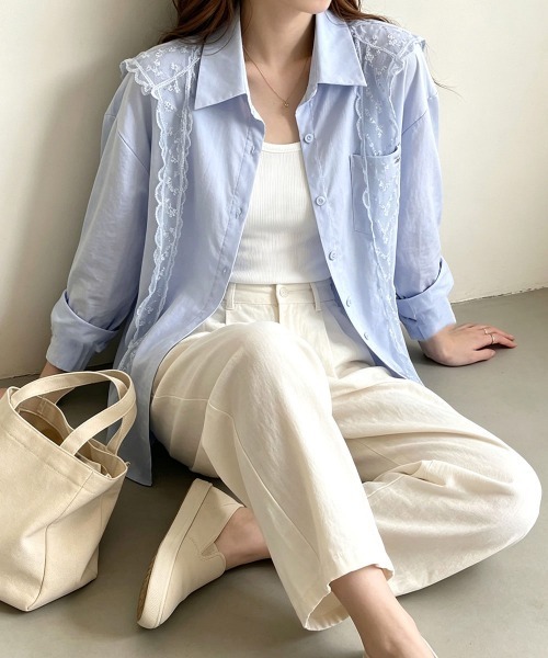 Miniministore(ミニミニストア)の「レースタイシャツレディースゆったりシャツ(シャツ/ブラウス・レディース・ブルー/ホワイト・FREE)」の4枚目の写真