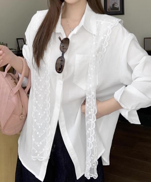 Miniministore(ミニミニストア)の「レースタイシャツレディースゆったりシャツ(シャツ/ブラウス・レディース・ブルー/ホワイト・FREE)」の8枚目の写真