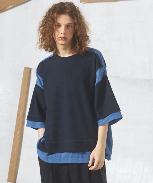 MAISON SPECIAL(メゾンスペシャル)の「《UNISEX》Different Materials Docking Prime-Over Dry Waffle T-shirt/異素材ドッキングプライムオーバードライワッフルTシャツ【MAISON SPECIAL/メゾンスペシャル】(Tシャツ/カットソー・メンズ・ブラック/ブルー/ライトグレー・2/1/0)」の3枚目の写真