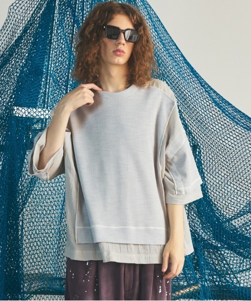 MAISON SPECIAL(メゾンスペシャル)の「《UNISEX》Different Materials Docking Prime-Over Dry Waffle T-shirt/異素材ドッキングプライムオーバードライワッフルTシャツ【MAISON SPECIAL/メゾンスペシャル】(Tシャツ/カットソー・メンズ・ブラック/ブルー/ライトグレー・2/1/0)」の1枚目の写真