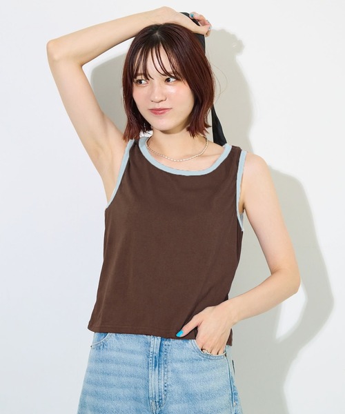 ABYS(アビス)の「【夏から秋まで着回せる】配色パイピングタンクトップ(タンクトップ・レディース・ブルー/ブラウン/ネイビー・FREE)」の2枚目の写真