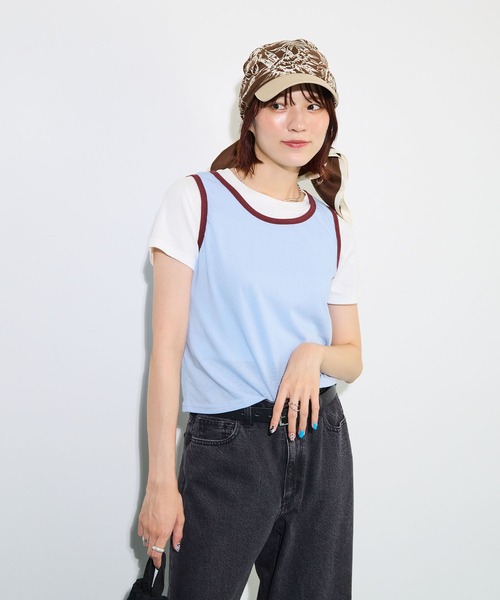ABYS(アビス)の「【夏から秋まで着回せる】配色パイピングタンクトップ(タンクトップ・レディース・ブルー/ブラウン/ネイビー・FREE)」の6枚目の写真