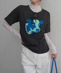 Rashik | 【Rashik】パール付アニマルモチーフTシャツ 半袖 サガラ 刺繍 カットソー トップス(Tシャツ/カットソー)