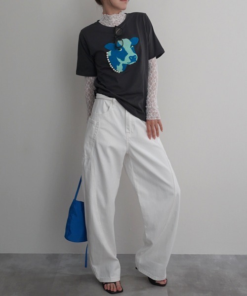 Rashik(ラシク)の「【Rashik】パール付アニマルモチーフTシャツ 半袖 サガラ 刺繍 カットソー トップス(Tシャツ/カットソー・レディース・オートミール/チャコールグレー・FREE)」の11枚目の写真