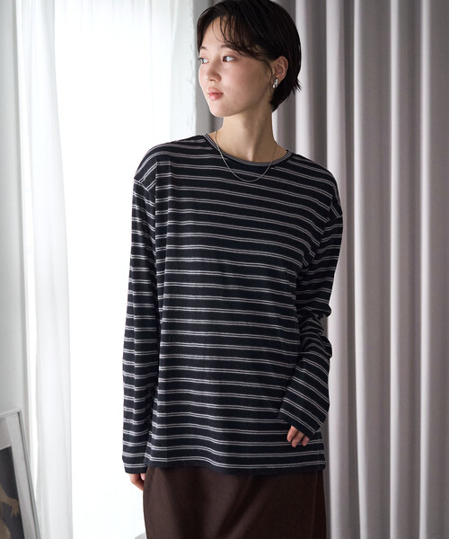 FREAK'S STORE(フリークスストア)の「限定展開 カラー シアー ボーダー ルーズ ロンTEE(Tシャツ/カットソー・レディース・ネイビー/ブラック/レンガ/オフホワイト・フリ-)」の3枚目の写真