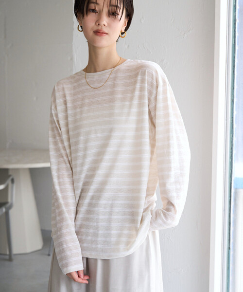 FREAK'S STORE(フリークスストア)の「限定展開 カラー シアー ボーダー ルーズ ロンTEE(Tシャツ/カットソー・レディース・ネイビー/ブラック/レンガ/オフホワイト・フリ-)」の2枚目の写真
