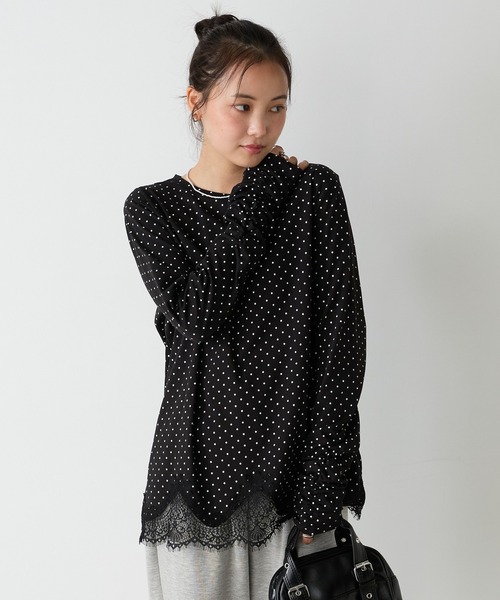 forksy.(フォルクシー)の「【forksy.】<エブリデイシリーズ>レースヘム ギャザースリーブカットソー / ドット・ベロア(Tシャツ/カットソー・レディース・ブラウン/ナチュラル/ホワイト系/ブラック/ブラック系・FREE)」の3枚目の写真
