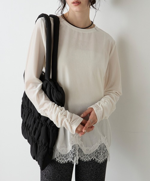 forksy.(フォルクシー)の「【forksy.】<エブリデイシリーズ>レースヘム ギャザースリーブカットソー / ドット・ベロア(Tシャツ/カットソー・レディース・ブラウン/ナチュラル/ホワイト系/ブラック/ブラック系・FREE)」の5枚目の写真